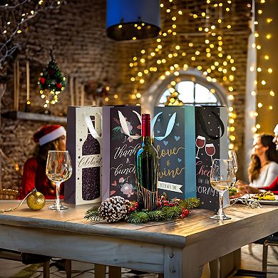 12 Pack Wine Bottle Gift Bags With Handles For Wedding, Birthday, 4 Designs