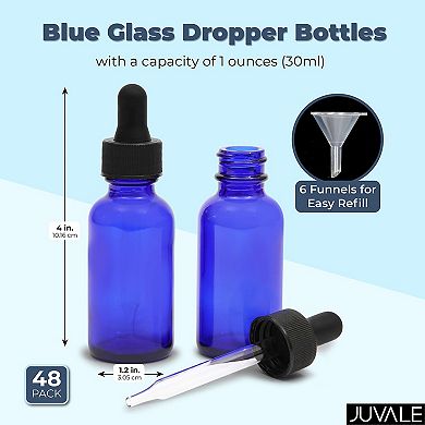 48 Pack 1 Oz Blue Glass Beauty Dropper Bottles With 6 Funnels For Essential Oils