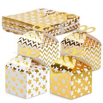 36 Paper Gable Boxes for Party Favors, 4 Gold Patterns Designs, 3.7x3.2x3.7 in