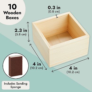 10 Unfinished Small Wooden Boxes For Crafts With 1 Sanding Sponge (4 In, 11 Pcs)