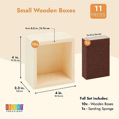 10 Unfinished Small Wooden Boxes For Crafts With 1 Sanding Sponge (4 In, 11 Pcs)