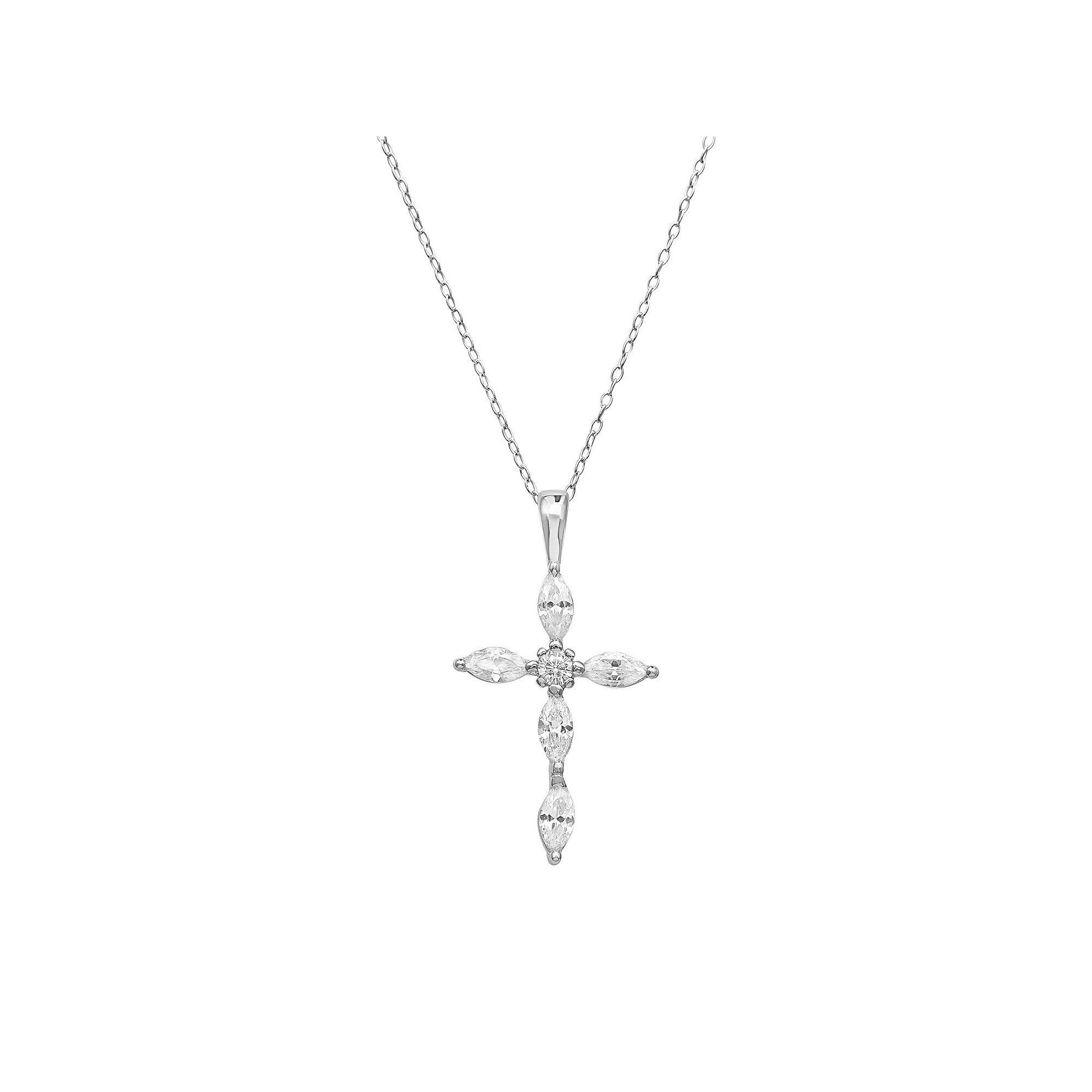 PRIMROSE Sterling Silver Marquise Cubic Zirconia Cross Pendant Cable Chain