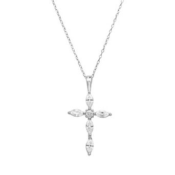 PRIMROSE Sterling Silver Marquise Cubic Zirconia Cross Pendant Cable Chain Necklace