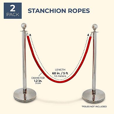 2 Pack Red Velvet Stanchion Rope With Silver Chrome Plated Hooks, 5 Feet