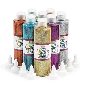 8 Pack Metallic Art Glue Glitter Bottles - Multicolor for Crafts (8 oz, 16 Caps)