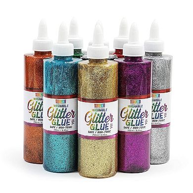 8 Pack Metallic Art Glue Glitter Bottles - Multicolor for Crafts (8 oz, 16 Caps)