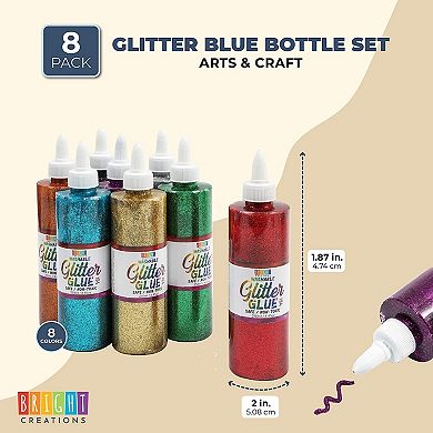 8 Pack Metallic Art Glue Glitter Bottles - Multicolor for Crafts (8 oz, 16 Caps)
