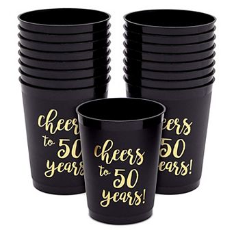 16 Pack Plastic Party Cups For Cheers To 50 Years Birthday Supplies, Black, 16oz