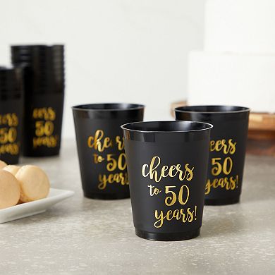 16 Pack Plastic Party Cups For Cheers To 50 Years Birthday Supplies, Black, 16oz