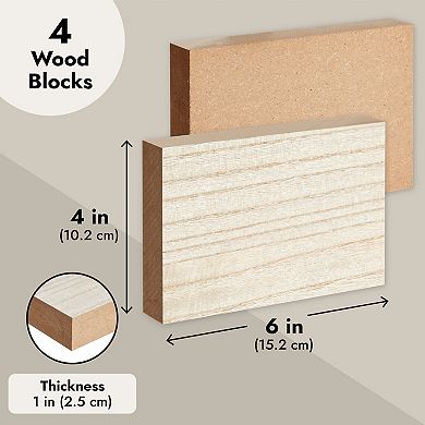Unfinished MDF Wood Blocks for Crafts, Wooden Square Blocks for DIY (4 Pack)