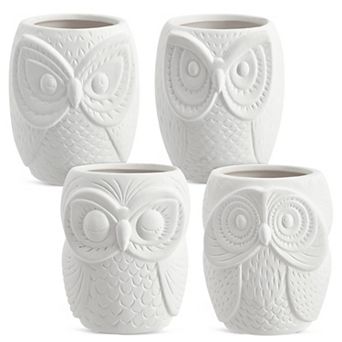 Set Of 4 Diy Paint Your Own Ceramic Succulent Planters, 4 Owl Designs, 3x3x4 In