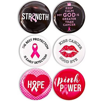 24x Breast Cancer Awareness Button Pink Ribbon Round Pin Pinback 6 Design, 2.25"