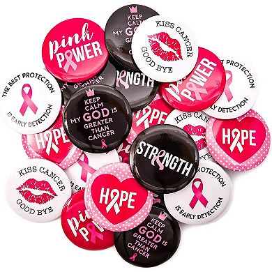 24x Breast Cancer Awareness Button Pink Ribbon Round Pin Pinback 6 Design, 2.25"