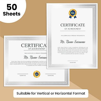 50 Sheets Certificate Paper For Printing With Silver Foil Border (8.5 X 11 In)