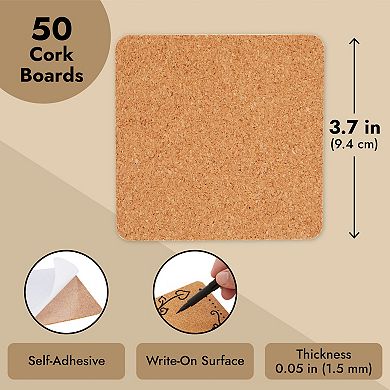 50 Pack Square Self Adhesive Cork Backings Tiles Sheets for Coasters, 3.7 In