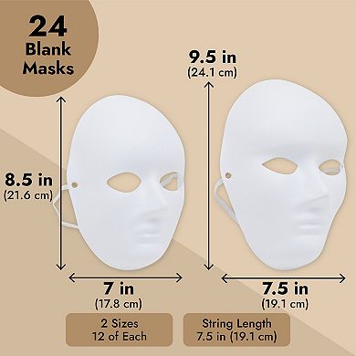 24 Pack Plain Masks For Decorating, Diy Masquerade Mask, White, 2 Sizes