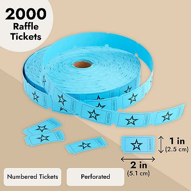 2000 Count Numbered Blue Star Raffle Tickets, Single Roll With Stars, 2 X 1"