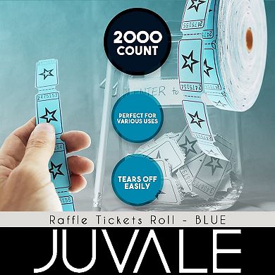 2000 Count Numbered Blue Star Raffle Tickets, Single Roll With Stars, 2 X 1"