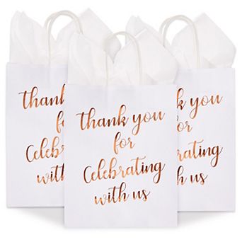 15x Thank You Kraft Paper Gift Bags With Handles Tissue Rose Gold Foil Lettering