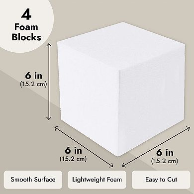 4 Pack Foam Cube Squares For Crafts, 6x6x6" White Blocks For, Diy Projects