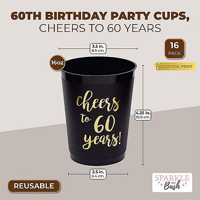 Cheers To 60 Years Cups, 60th Birthday Party Decorations (16 Oz, 16 Pack)