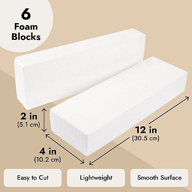 6 Pack Polystyrene Foam Blocks For Crafts, Diy Projects, 12x4x2"