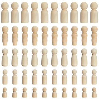 50 pc Unfinished Wooden Peg Dolls For Crafts, Games, Painting, 5 Sizes