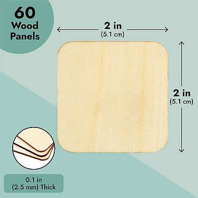60 Pc 2x2 Unfinished Wood Squares For Crafts, Tile Pieces With Rounded Corners