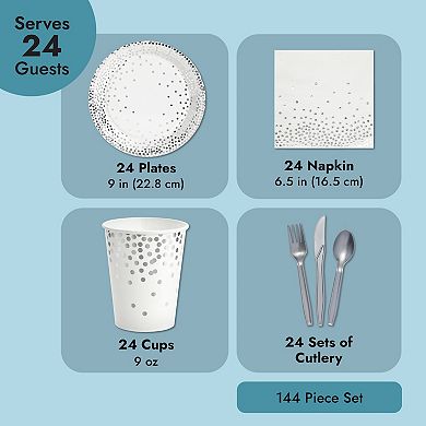 144 Piece Silver Party Supplies And Decorations For Wedding, Birthday, Serves 24