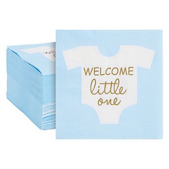 100-pack "welcome Little One" Baby Shower Napkins For Boy (light Blue, 5x5 In)