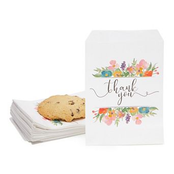 100 Pack Paper Cookie Bags, 7.5 x 5 in for Party Favors, Floral Thank You Design