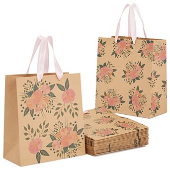 24 Pack Kraft Paper Floral Gift Bags With Pink Ribbon Handles, 2 Designs, 9 X 8"
