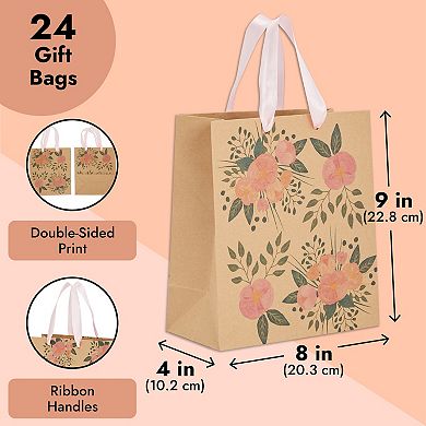 24 Pack Kraft Paper Floral Gift Bags With Pink Ribbon Handles, 2 Designs, 9 X 8"
