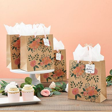 24 Pack Kraft Paper Floral Gift Bags With Pink Ribbon Handles, 2 Designs, 9 X 8"