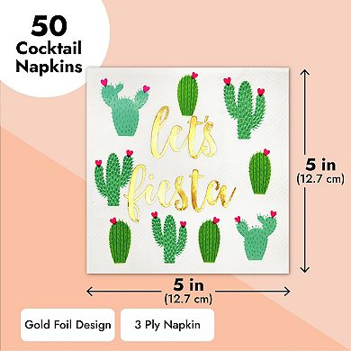 50 Pack Cocktail Fiesta Napkins, Cinco De Mayo Fiesta Party Decorations, 5 X 5"