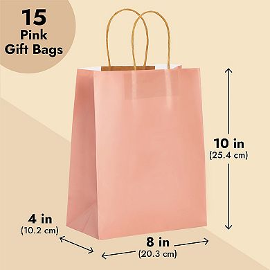 15-pack Of Pink Glossy Medium Paper Gift Bags With Handles 8x4x10 In For Wedding