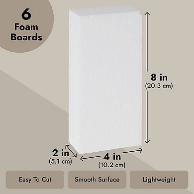6 Pack Polystyrene Foam Blocks For Crafts Supplies, Diy Projects (8 X 4 X 2 In)