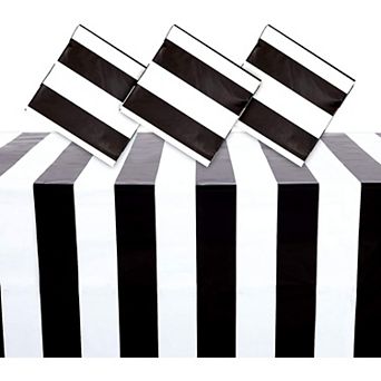 3 Pack Black And White Striped Party Tablecloth, Plastic Table Covers, 54x108 In