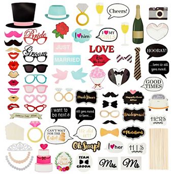 72 pc Wedding Photo Booth Props For Bridal Shower, Bachelorette Party, Selfies