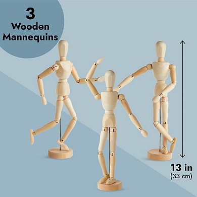 3 Pack Drawing Mannequin, Wooden Figure Model For Home Decor, 13"