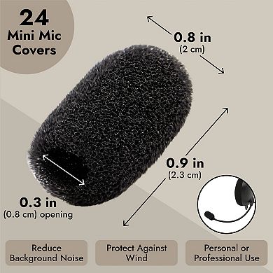 24 Pack Mini Foam Windscreen For Headset Microphone, Lavalier Mic, 0.8 In, Black