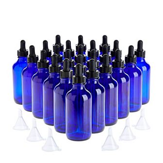24 Count 4 Oz Blue Glass Dropper Bottles & 6 Funnels For Essential Oils, 120 Ml