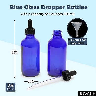 24 Count 4 Oz Blue Glass Dropper Bottles & 6 Funnels For Essential Oils, 120 Ml