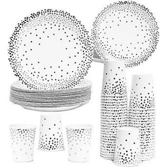 Serves 50 Guests Silver Party Supplies, 150 pc Disposable Paper Plates, Cups