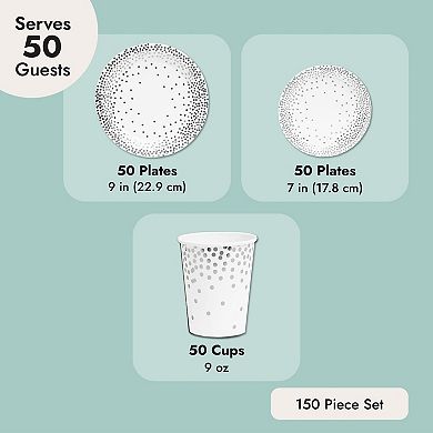 Serves 50 Guests Silver Party Supplies, 150 Piece Disposable Paper Plates, Cups