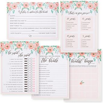 Set Of 5 Pink Floral Bridal Shower Games For 50 Guests, Party Activities, 5x7"