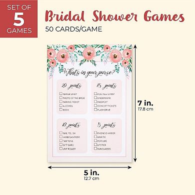Set Of 5 Pink Floral Bridal Shower Games For 50 Guests, Party Activities, 5x7"
