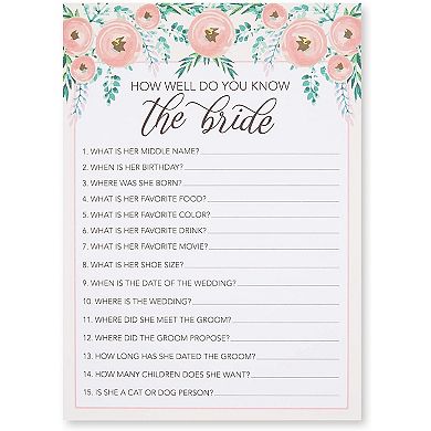 Set Of 5 Pink Floral Bridal Shower Games For 50 Guests, Party Activities, 5x7"