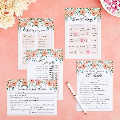 Set Of 5 Pink Floral Bridal Shower Games For 50 Guests, Party Activities, 5x7"