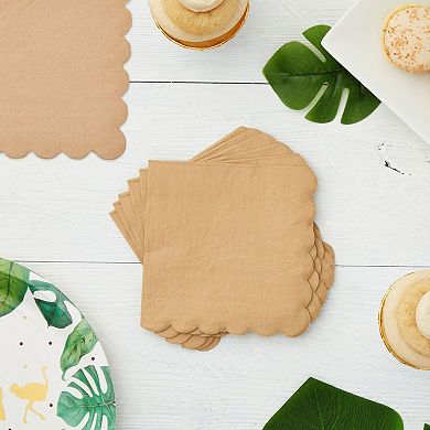 100 Pack Disposable Brown Paper Napkins With Scalloped Edges For Wedding, 5 In